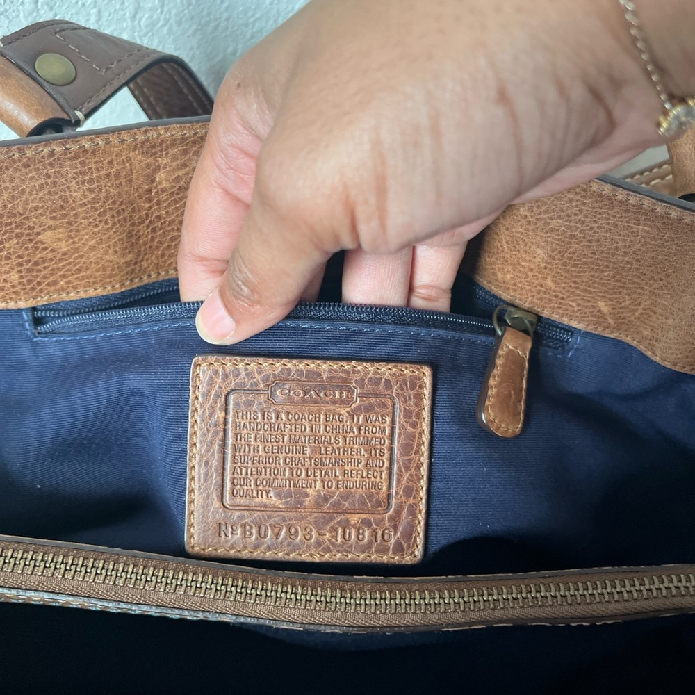 Vintage Coach Patchwork Leather-Trim Satchel Handbag Brown and Blue - Picture 5 of 6